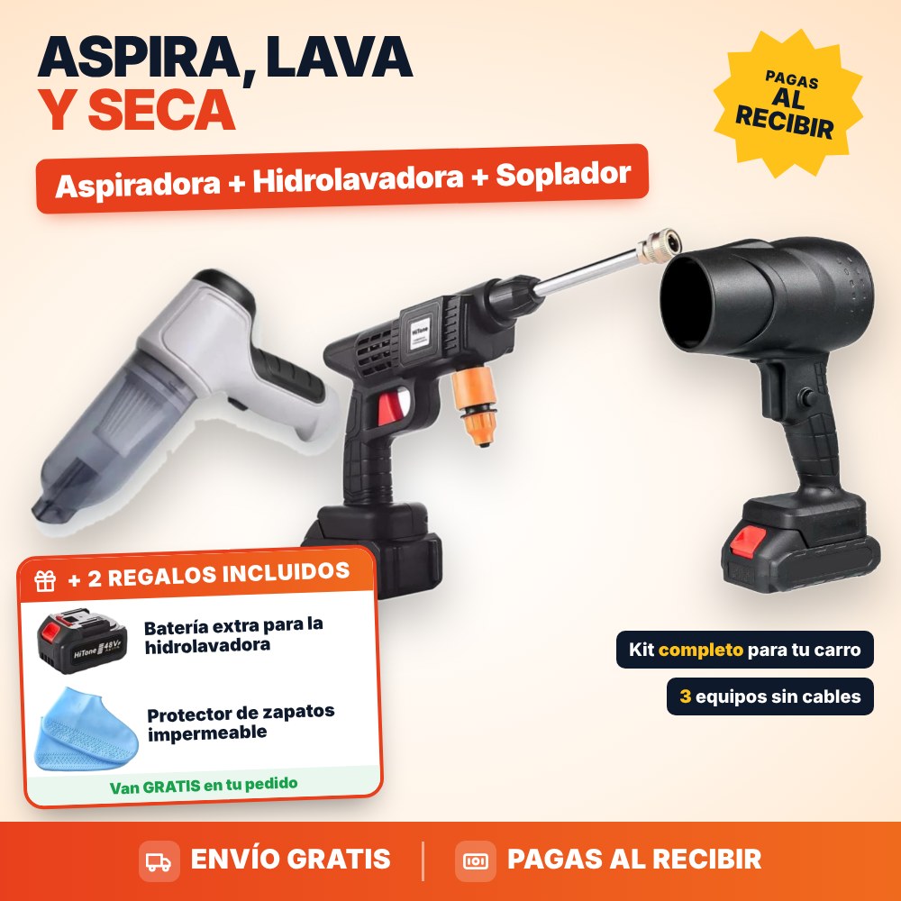 Kit completo: Aspiradora + Hidrolavadora + Soplador + batería extra y protector de regalo